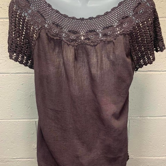 Hand Dyed Black Gauze Top Crochet Lace Trim Goth Peasant Top Boho Witchy Med B11 - Picture 3 of 4